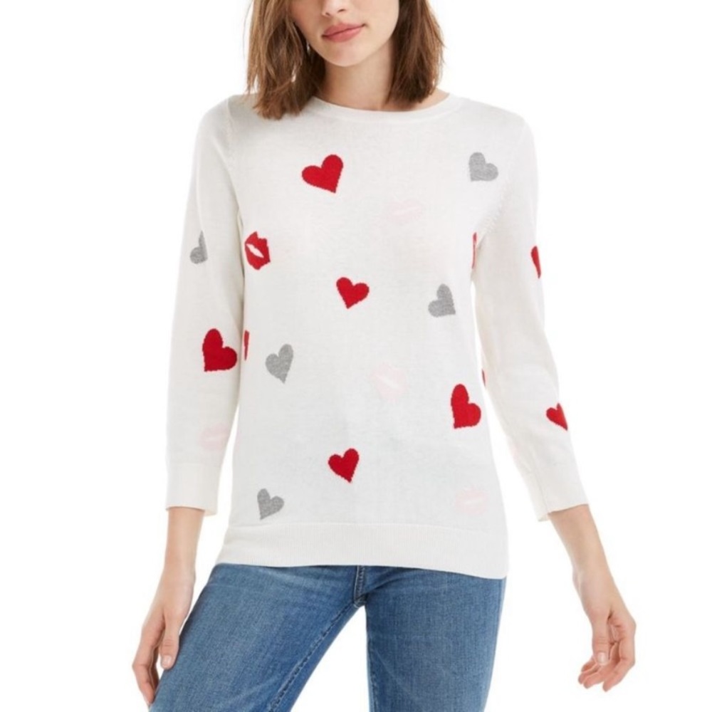 Maison Jules ♥️ Women's Printed 3/4 Sleeve Sweater White with Hearts Size Small